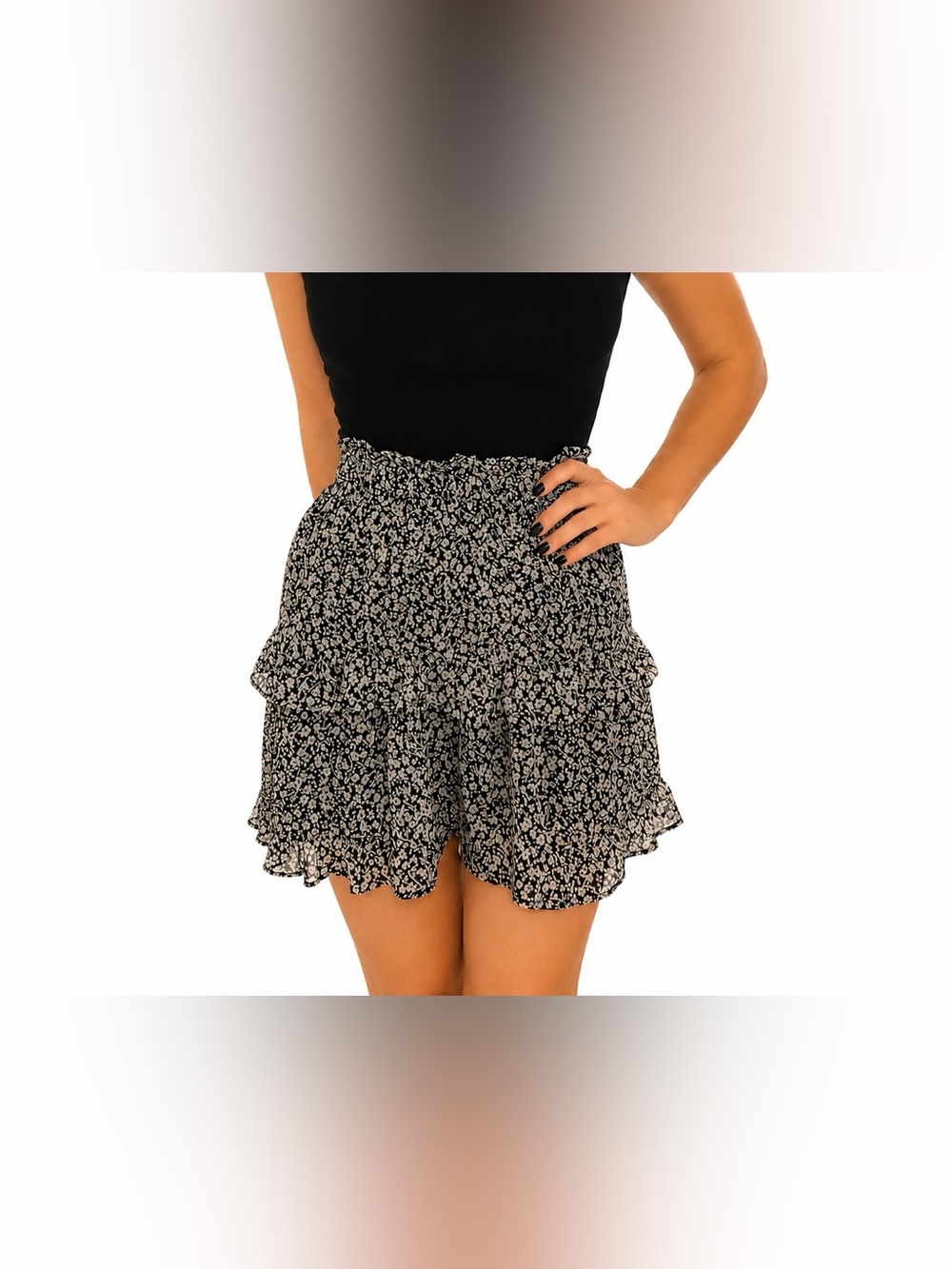 Sienna Sky Blue Black Floral Ruffle Mini Skirt Size XS